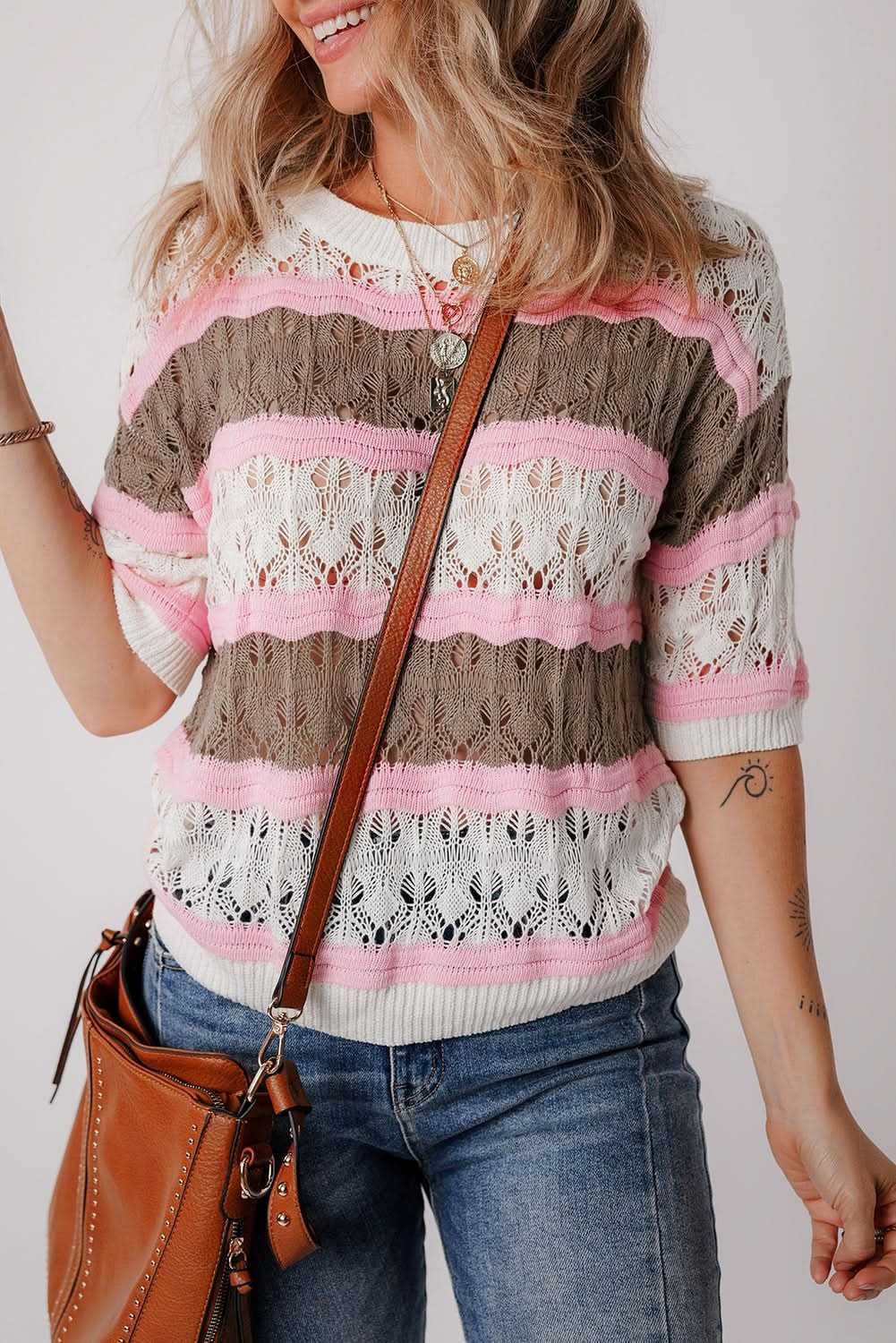 Elegant brown striped crochet sweater - Love Salve